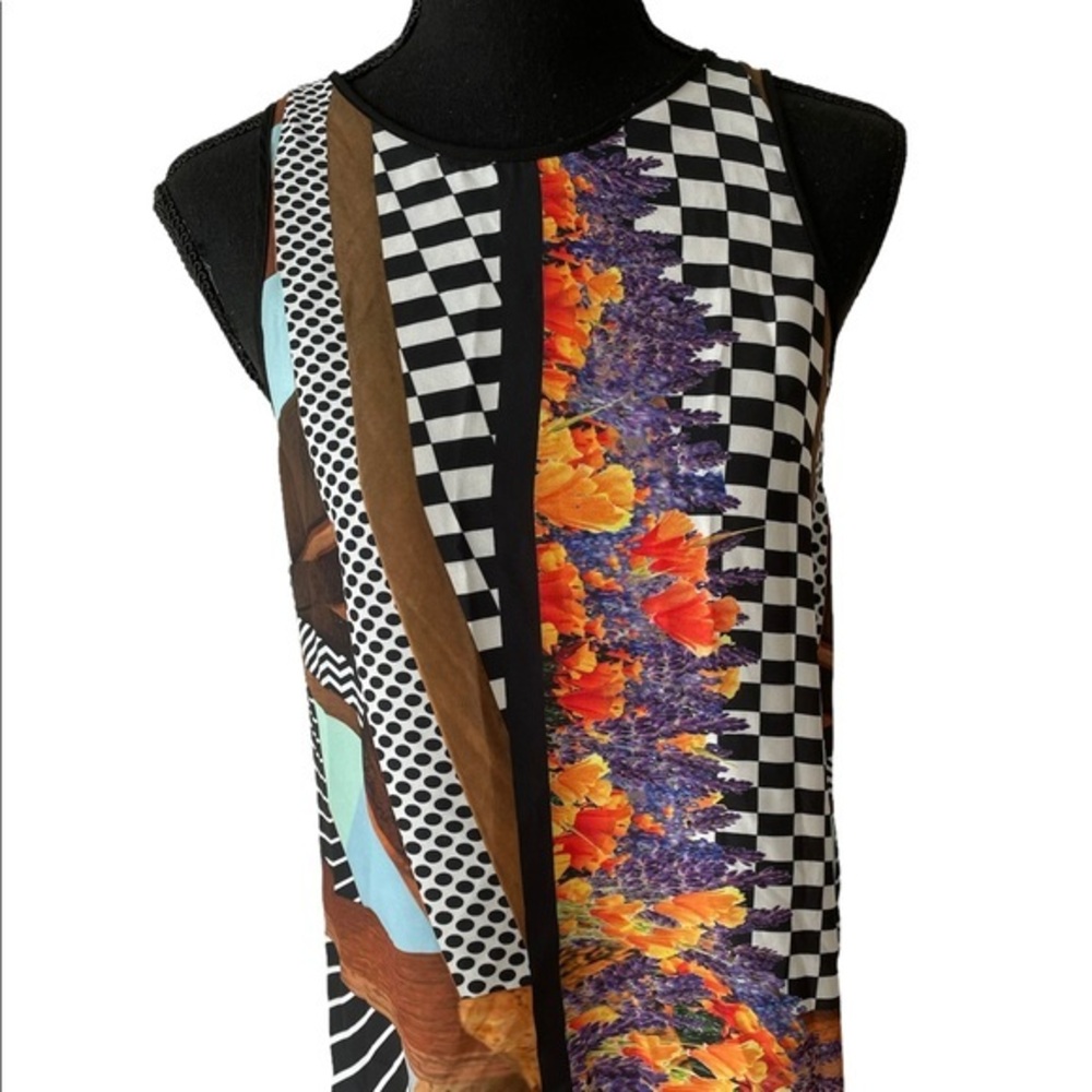 Clover‎ Canyon Mixed Media Floral Checkered Top Multi Pattern Tulip Back Tank